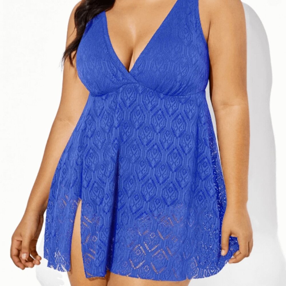 Blue Crochet Side Slit V-neck Swimdress